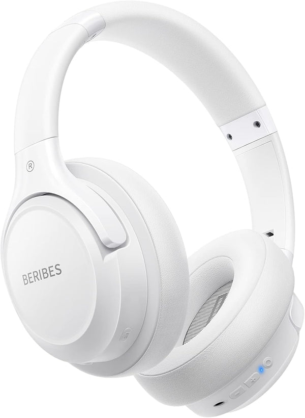 Bluetooth Headphones Over Ear, BERIBES 65H Playtime, 6 EQ Music Modes, HiFi Stereo Foldable Wireless Headset, White