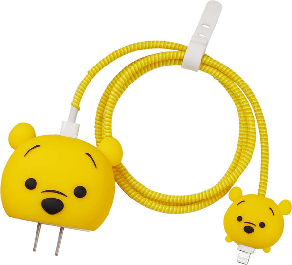3D Cute Cartoon Charger Protector Case, Compatible for Apple 20W USB-C Power Adapter and Lightning Cable (Yellow Winnie)