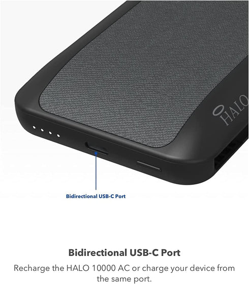 HALO 10000 AC, 10,000mAh Internal Battery with Built-in AC Wall Plug & Charging Cables, Black