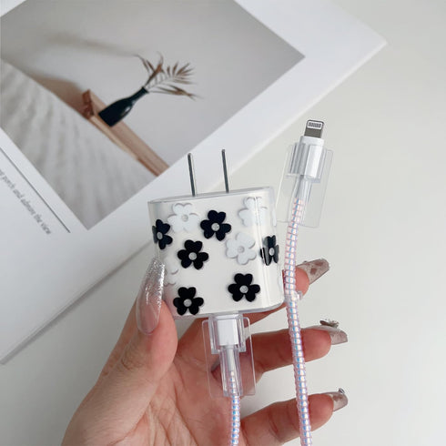 for Apple 20W USB-C Power Adapter Charger with Protective Case and USB Lightning Cable Cover, Cute Floral Data Cable