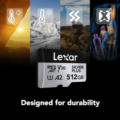 Lexar 512GB Professional Silver Plus microSDXC Memory Card w/SD Adapter, UHS-I, C10, U3, V30, Full-HD & 4K Video