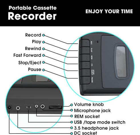 Mersoco Cassette Cassette 3.5MM Portable Player,Digital Recorder Portable Tape Player with Stand-Alone Microphone