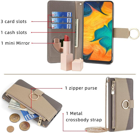 Asuwish Wallet Phone Case for Samsung Galaxy A20 A30 - Gray PU Leather, Screen Protector, Mirror, Ring Holder,