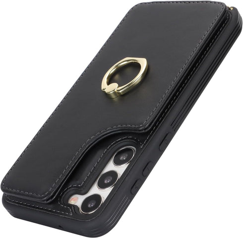 for Samsung Galaxy S23 Case with Card Holder and Strap for Women, Black Crossbody Lanyard Phone Wallet Case