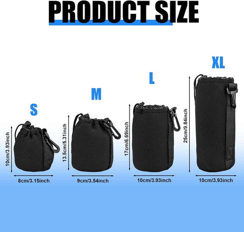 4pcs Camera Lens Bag, 4 Sizes Drawstring Lens Pouch with Thick Protective Neoprene Black Camera Lens Case Bag for Canon, Nikon, Sony, Pentax (Small, Medium, Large, X Large)