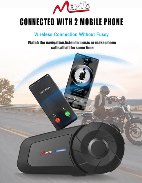 Maxto Motorcycle Bluetooth Headset, MX1 2-Riders Intercom Communication System, HiFi Stereo Sound, IPX6 Waterproof