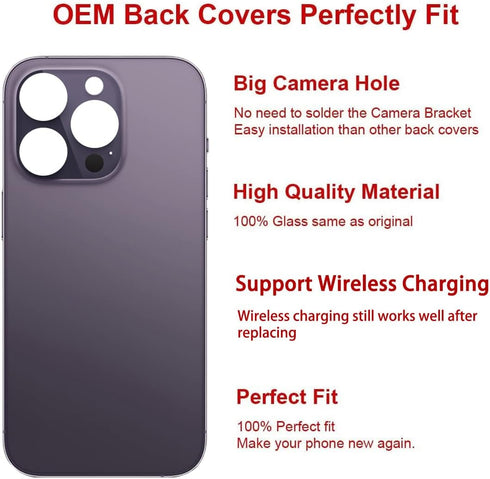 OEM Rear Back Glass Replacement for iPhone 14 Pro 6.1 inches with Repairing Tool Kit (Deep Purple)