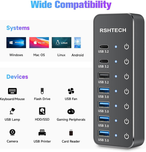 RSHTECH 7-Port Powered USB 3.2 Hub with 10Gbps USB-A 3.2, 2 USB-C 3.2, 4 USB 3.0 Ports, 3.3ft Cable