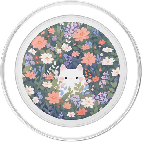 Cute White Cat in Spring Flowers, Botanical Floral PopSockets PopGrip for MagSafe