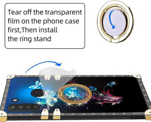 Samsung Galaxy A21 Phone Case for Girls Women, Butterfly Black Fantasy Square Case with Ring Stand Lanyard Drop