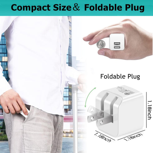 12W USB Wall Charger with Foldable Plug, 3-Pack 2.4A Dual-Port Power Adapter Compatible with iPad, iPhone, Samsung