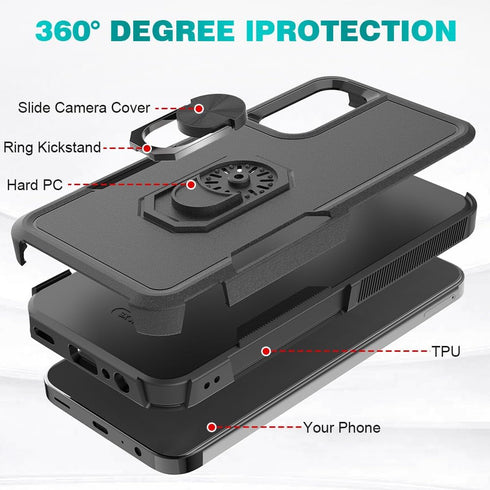 Samsung Galaxy A15 Case with Tempered Glass Screen Protector, Dual Layer Shockproof Kickstand Case, Black