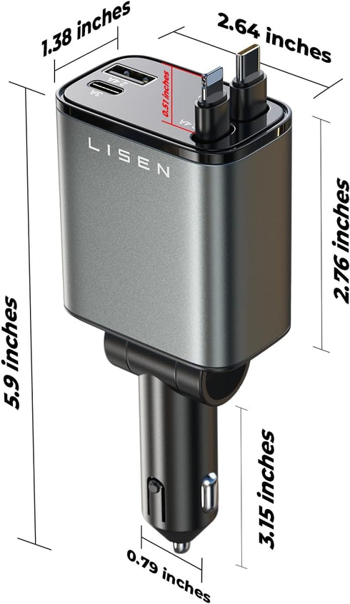 LISEN 69W Retractable Car Charger Adapter, Fast Charging Type C Car Charger for iPhone 16/15/14/13/12, Samsung, Gray