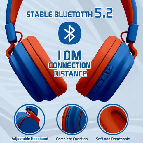 Kids Bluetooth Headphones - Wireless Over Ear, Volume Limited 85/110dB, Foldable, AUX 3.5mm Mic, Blue for Travel &