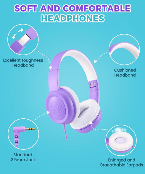 C3 Kids Headphones Wired, On-Ear Wired Headphones for Boys Girls with 3.5mm Jack, Foldable, Adjustable Headband, Child Headphones for School Home Airplane Tablet Purple