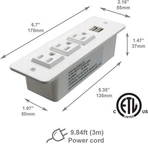 Conference Recessed Power Strip with USB, Mountable Power Outlet Built-in Desktop Workbench Drawer Cabinet, 10'ft Heavy