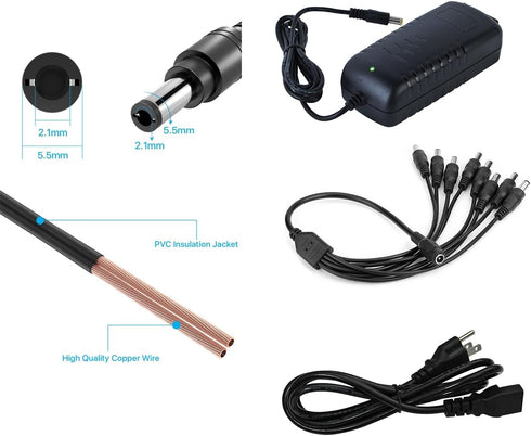 EVERSECU 8CH Security Cameras Power Adapter, 100V-240V AC to DC12V 5A with 8-Way Power Splitter Cable