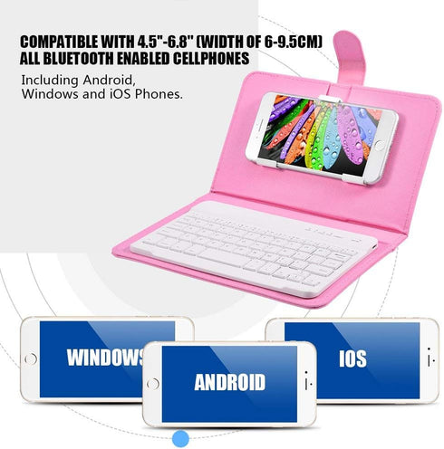 Portable Bluetooth Keyboard with Leather Case Cover for 4.5''-6.8'' iOS, Android and Windows Smart Phones