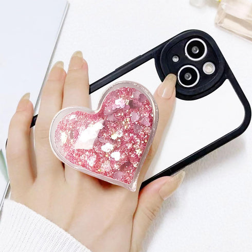 Cute Heart-Shaped Expanding Phone Grip - Pink Quicksand Glitter Collapsible Mount Holder for Girls Women
