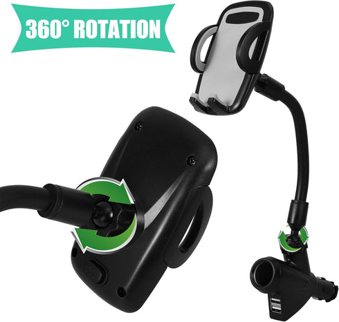 Veemoon Portable Electronic Device Mount for 3-6.5 inch Phones, Dual USB Car Charger Phone Holder