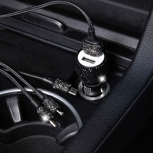 Bling Car Charger Accessories Set, Rhinestone Dual USB Car Chargers + Bling 3 in 1 Charging Cable for Girls