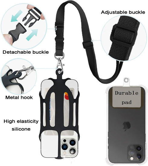 Phone Lanyard, Phone Lanyards for Around the Neck, 2 in 1 Phone Strap with Silicone Phone Holder and Patch, Fits iPhone and Most Cell Phones (Black)