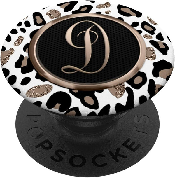 White Leopard Print Cheetah Monogram Initial Letter D PopSockets Swappable PopGrip
