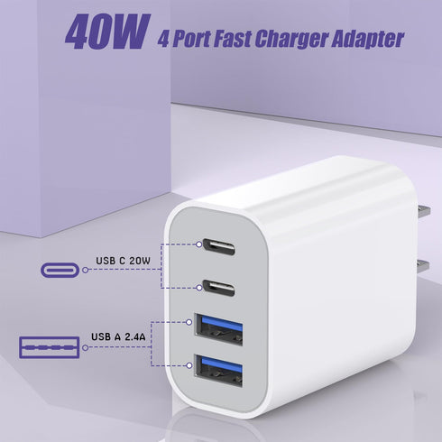 StinkLight 4-Port 40W 17/17 Air/16e/16 Pro/16 Max/15/14/13/12,iPad USB Fast Charging Block, Charge Adapter for iPhone