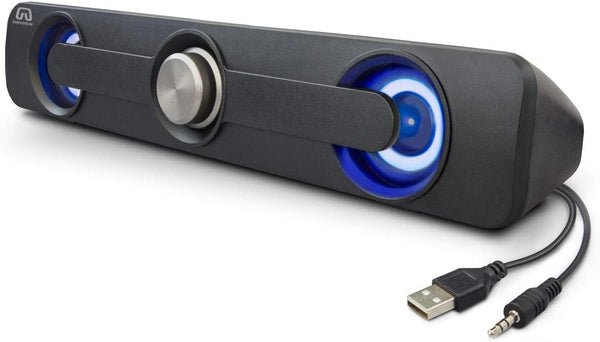 Desktop Compact Wired Multimedia Mini Stereo Sound Bar, USB Powered, 3.5mm Audio Jack, Blue LED, 2.5 Watts