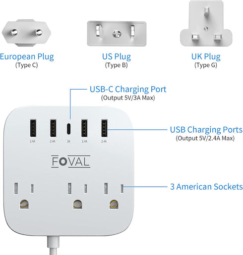 European Travel Plug Adapter, FOVAL EU UK US Power Strip with USB C, 4 USB Ports, 3 AC Outlets