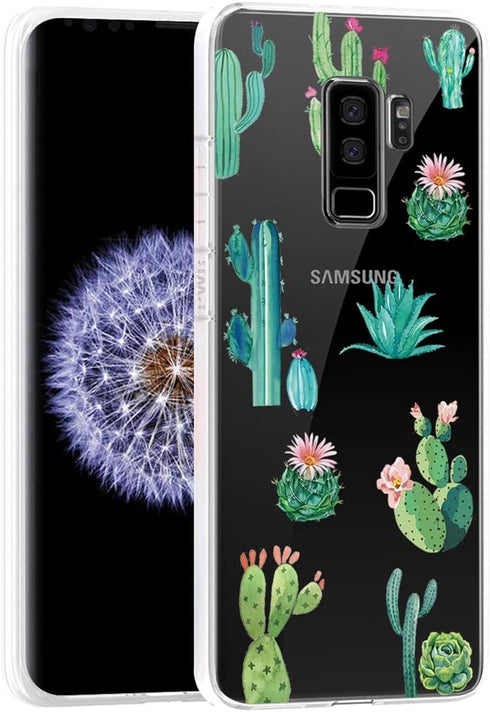 Phone Case for Samsung Galaxy S9 Plus - Soft Clear TPU Shockproof Protective Cover for Girls Women (Cactus)