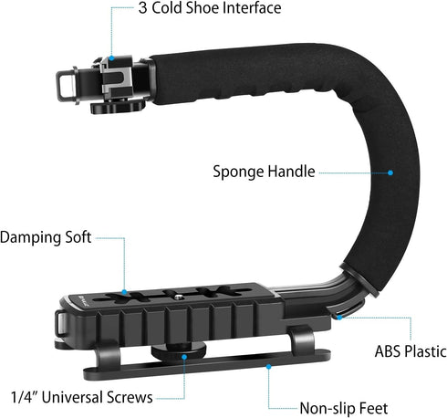 PULUZ Video Action Handheld Stabilizer, U/C Shape Grip with Cold-Shoe Mount for All Camera Action Cameras