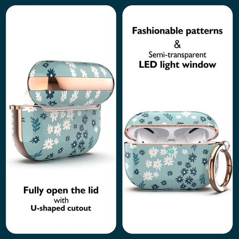 TATOFY Stylish Case Cover for AirPods Pro 2019, Flower Patterns Protective Hard Case for Women Girls with Clip (Cyan)
