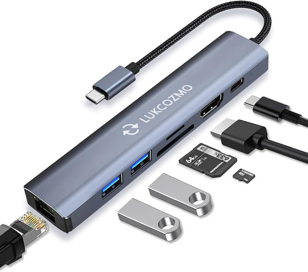 USB Hub 3.0, 7 in 1 Docking Station with 1000M Ethernet, 4K HDMI, 2 USB3.0, 100W PD, SD/TF Card Reader