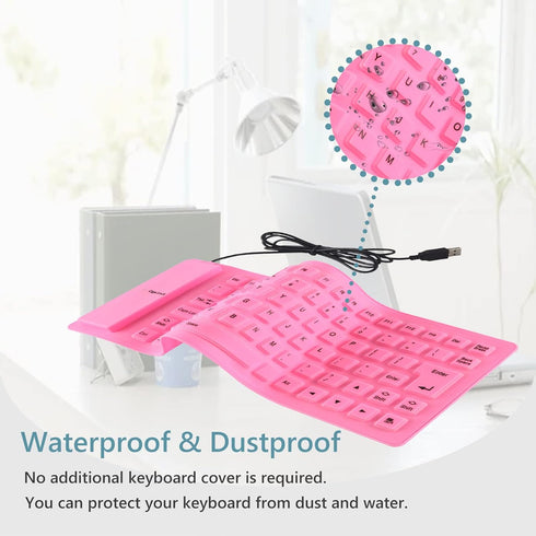 Super Space Foldable Silicone Keyboard, Pink, USB Waterproof Travel Gaming Wired Keyboard, 4.14ft Cable, Full Size for