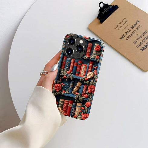DJSOK 14 Compatible with iPhone Pro Max,Glossy PC Anti-Scratch Shockproof Case - Bookshelf Floral Fabric Library