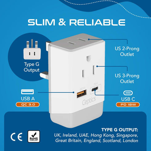 Ceptics UK Ireland Hong Kong Plug Adapter, International Power Plug with USB & USB-C for Fast Charging