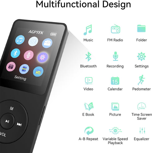 AGPTEK A02X 32GB MP3 Player with Bluetooth 5.3, 1.8 Inch Screen Portable Music Player with Speaker, FM Radio, Voice