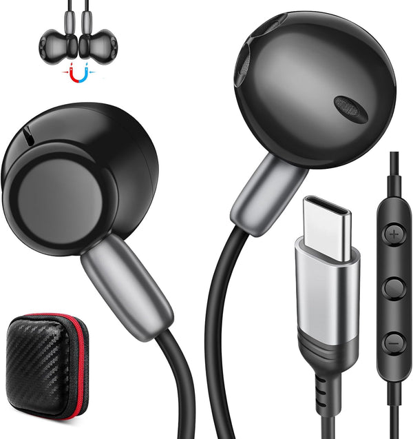 Wired Earbuds for iPhone 15 Pro Max Plus iPad, USB C Headphones Noise Isolating with Mic, Stereo Magnetic Android