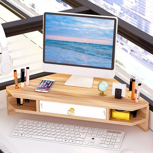 Triangle Monitor Riser, Cut Triangular Desktop Corner Stand with Drawers, Wooden Computer Stand for Office Organization