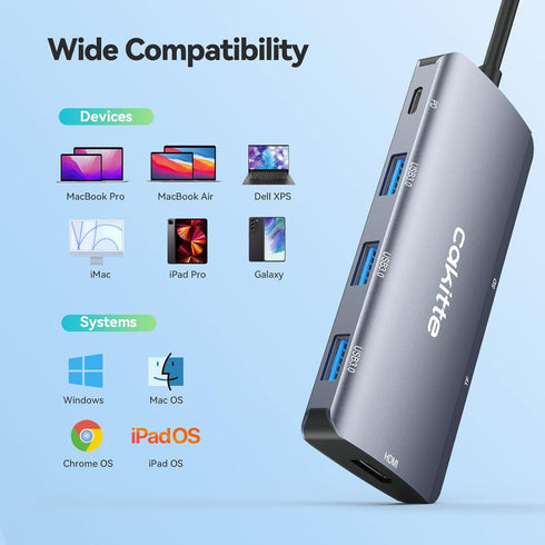 USB C Hub, Cakitte 7 in 1 USB C to 4K@60HZ HDMI Multiport Adapter, 3 USB 3.0 Ports, SD/TF Card Reader, 100W PD