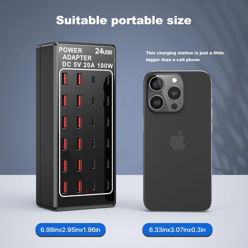 USB Charger Block 100W (20A), 24 Port Multiple USB Charger Station, Desktop USB Wall Charger for Apple & Samsung