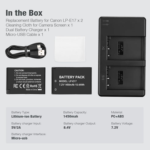 LP-E17 Battery Pack + Dual USB Charger for E RP, Rebel T7i, T6i, T6s, M6, M5, M3, SL3, SL2, 77D, 8000D