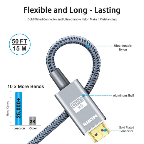 4K 50 15M, 2.0 1080p, 3D, 2.2 PS5, LEADSTAR HDMI Cable ft / Long High Speed HDMI Cord Braided | Ultra HD, ARC, HDCP |