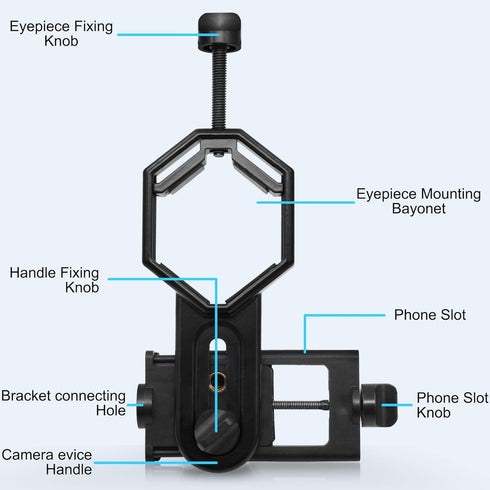 Metal Smartphone Telescope Adapter Camera Mount, Universal Phone Mount for Telescope, Spotting Scope, Microscope,