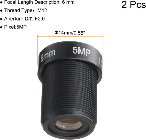 uxcell 6mm CCTV Camera Lens 5MP F2.0 FPV Wide Angle Security Camera Lens M12 Threaded Dia for IP Camera Panoramic, Black 2Pcs