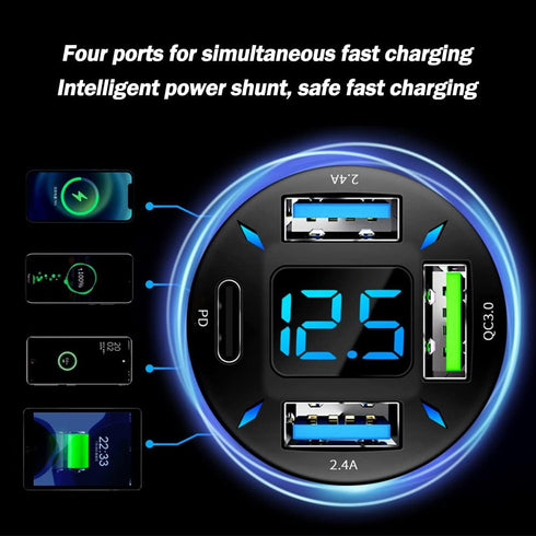 4 Ports USB Car Charger with Voltmeter, Type C PD 3.1/QC 3.0 Fast Charging Cigarette Lighter Plug for iPhone 14 13 12