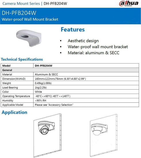 PFB204W Wall Mount Bracket for Dahua Dome IP Camera, Aluminum Alloy Waterproof
