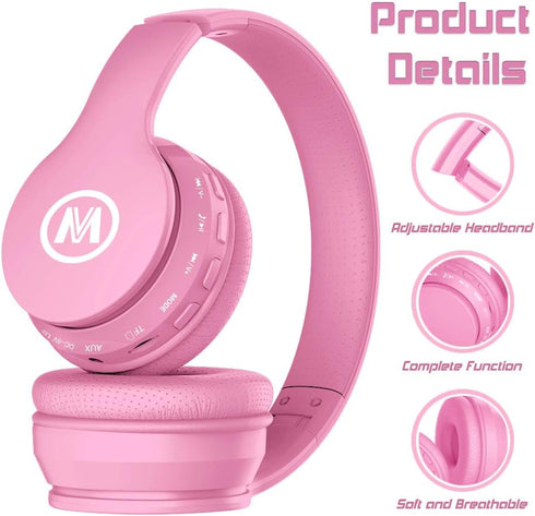 Shop Pink Bluetooth/Wired Headphones for Kids - Over Ear, Volume Limited 85/110dB, Foldable, AUX Mic for School &