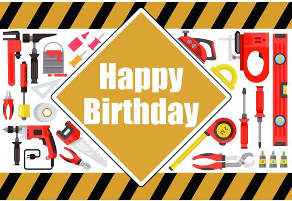 Construction Tools Theme Happy Birthday Backdrop, 7x5ft Vinyl for Boys Birthday Party Decor, Yellow and Black Stripes